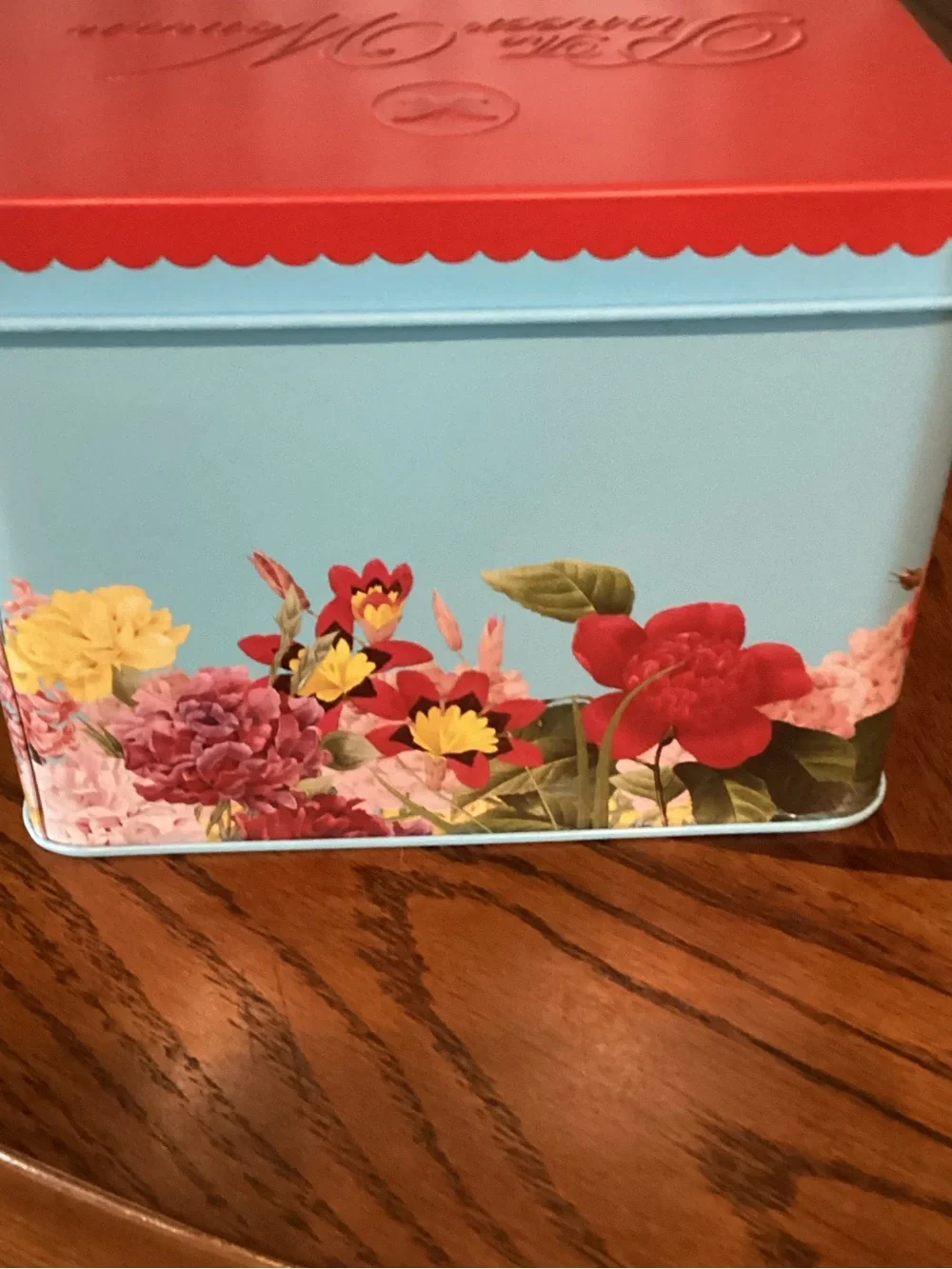 The Pioneer Woman Blue Tin with Red Lid and Floral Accents